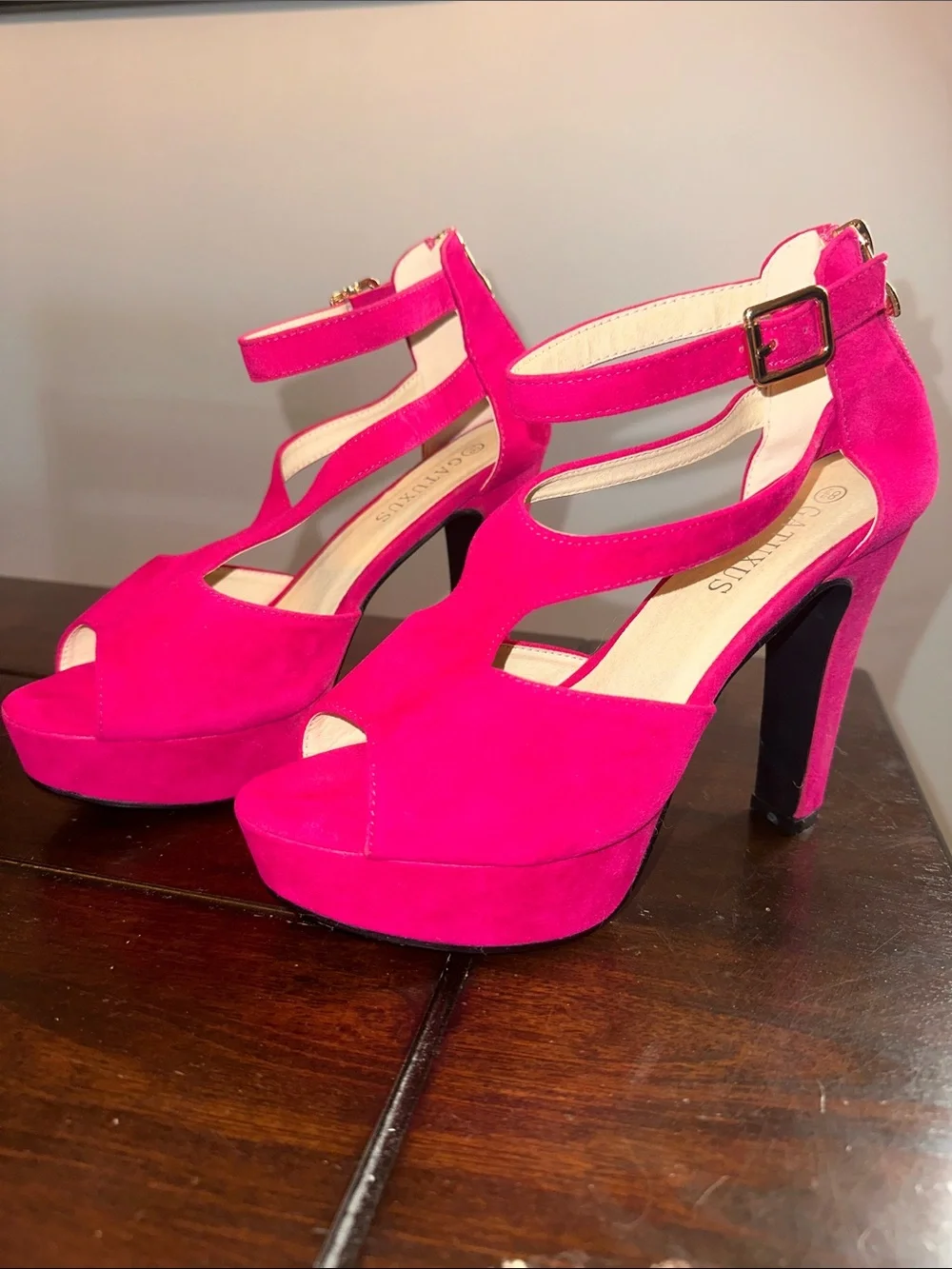 Women's Suede Platform Heels in Vibrant Pink with Ankle Strap